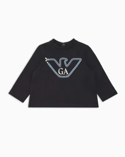 Emporio Armani Kids' Asv Jersey Jumper With Pencil Eagle Print In Black