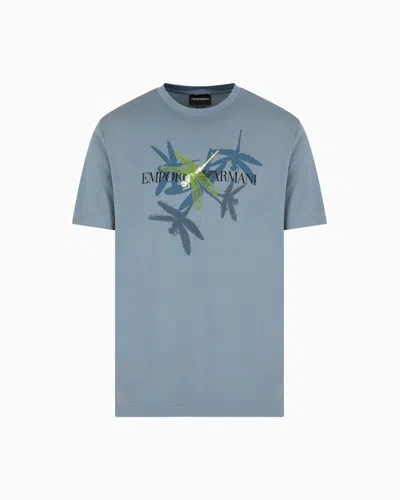 Emporio Armani Jersey T-shirt With Dragonfly Print And Embroidery In Blue
