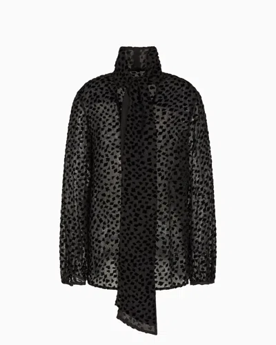 Emporio Armani Asv Jeu De Cartes Devoré Tulle Shirt With Foulard Collar In Black