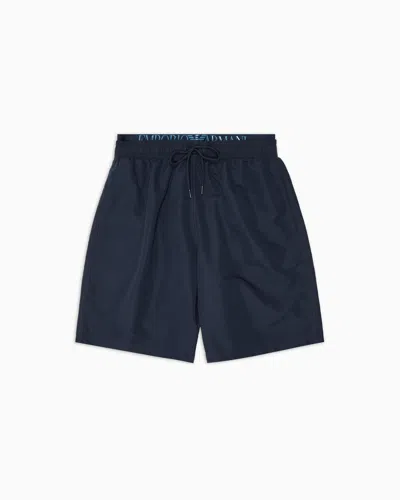 Emporio Armani Asv Logoband Recycled Fabric Boardshorts In Navy Blue