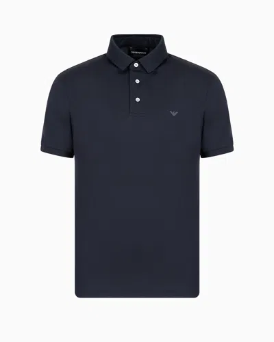 Emporio Armani Tencel-blend Jersey Polo Shirt With Logo In Navy Blue