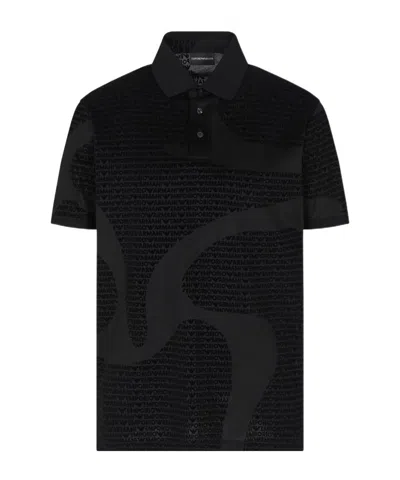 Emporio Armani Asv Lyocell-blend Jersey Polo Shirt With All-over Flocked Logo In Black