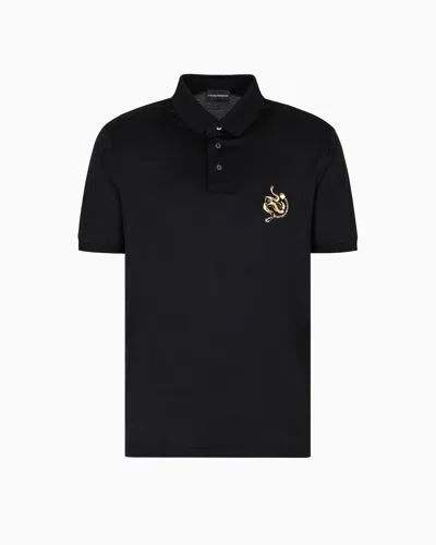 Emporio Armani Asv Lyocell Blend Jersey Polo Shirt With Lunar New Year Embroidery In Black