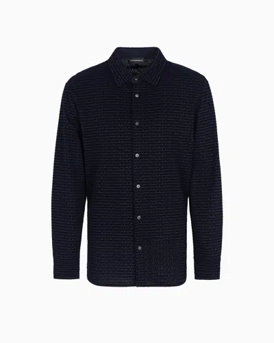 Emporio Armani Asv Lyocell Blend Jersey Shirt With All-over Flocked Logo Lettering In Navy Blue