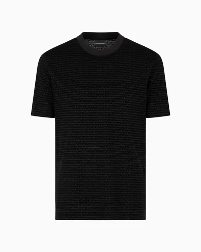 Emporio Armani Official Store Asv Lyocell-blend Jersey T-shirt With All-over Flocked Logo Lettering In Noir