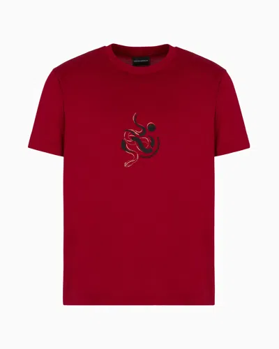 Emporio Armani Asv Lyocell Blend Jersey T-shirt With Lunar New Year Embroidery In Red