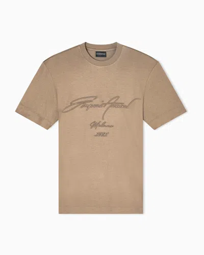 Emporio Armani Asv Lyocell-blend Jersey T-shirt With Oversized Embroidery In Brown