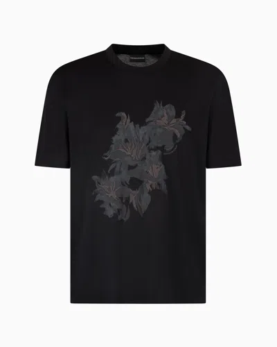 Emporio Armani Asv Lyocell-blend Jersey T-shirt With Print And Floral Embroidery In Black