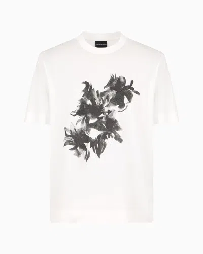 Emporio Armani Asv Lyocell-blend Jersey T-shirt With Print And Floral Embroidery In White