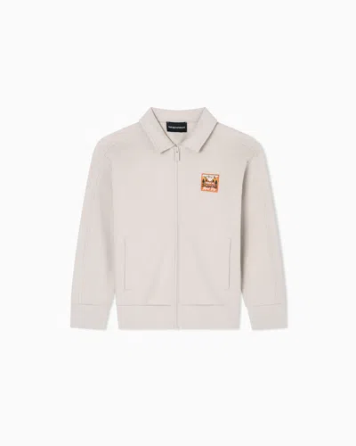 Emporio Armani Kids' Asv Manga Bear Crew Organic Interlock Jersey Comfort-fit Zip-up Sweatshirt In Neutral