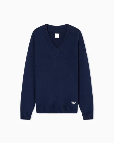 Emporio Armani Asv New York Capsule Collection Wool-blend V-neck Jumper In Blue