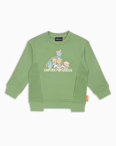 Emporio Armani Kids' Asv Organic Jersey Sweatshirt With Manga Bear Crew Print In Green