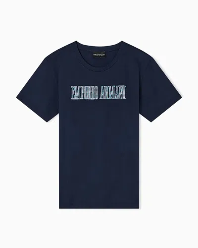 Emporio Armani Asv Organic Jersey T-shirt With Multicoloured Logo Embroidery In Blue