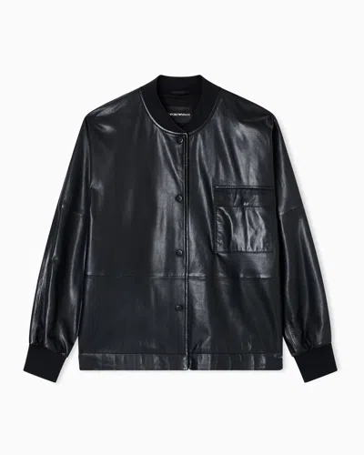 Emporio Armani Asv Oversized Shirt Jacket In Dappled Nappa Lambskin In Black