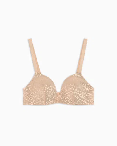 Emporio Armani Asv Padded Triangle Bra In Recycled Mesh With All-over Logo Lettering