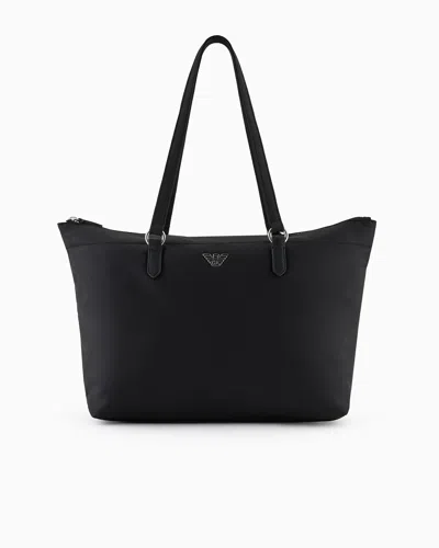 Emporio Armani Official Store Asv Recycled Nylon Shopper Bag With Eagle Plaque In Deep Black