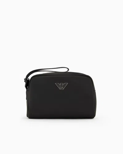 Emporio Armani Official Store Asv Recycled Nylon Washbag With Eagle Plaque In Black Logo