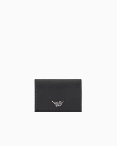 Emporio Armani Asv Regenerated Saffiano Leather Card Holder With Flap And Eagle Plate In Deep Black