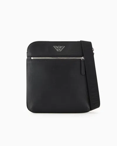 Emporio Armani Asv Regenerated Saffiano Leather Flat Shoulder Bag With Eagle Plate In Black