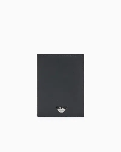 Emporio Armani Asv Regenerated Saffiano Leather Passport Holder With Eagle Plate In Black
