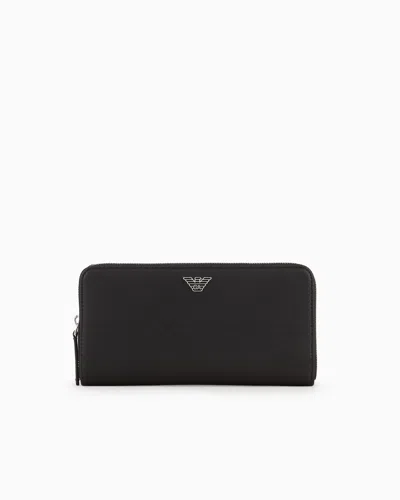 Emporio Armani Asv Regenerated Saffiano Leather Zip-around Wallet With Eagle Plate In Black