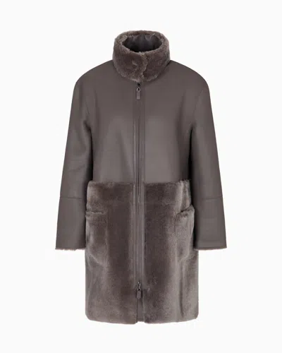 Emporio Armani Asv Reversible Coat In Spanish Merino Shearling Lambskin In Sand