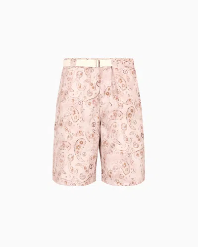 Emporio Armani Asv Satin Bermuda Shorts With All-over Paisley Print From The Peace Capsule Collection In Beige