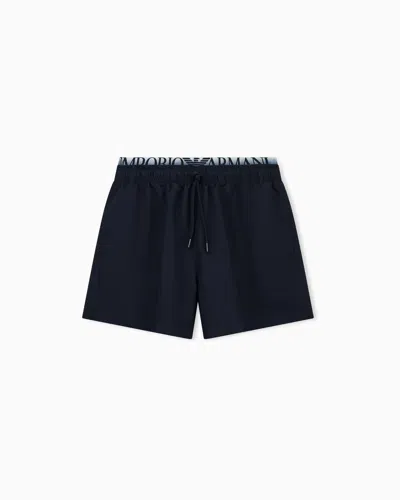Emporio Armani Asv Swim Shorts With Logo Waistband In Blue