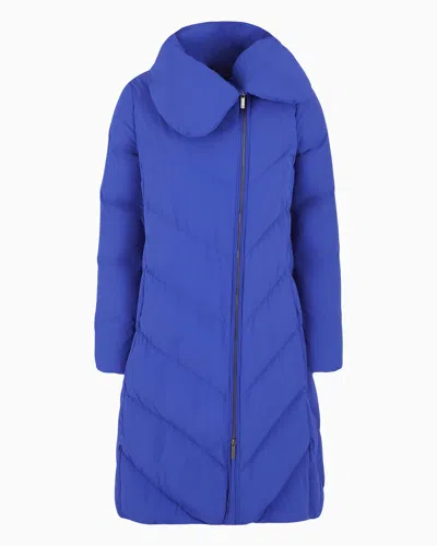 Emporio Armani Asv Water-repellent 3/4 Down Jacket In Quilted Nylon With Recycled Down In Blue