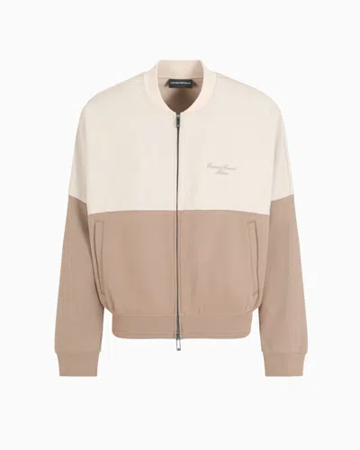 Emporio Armani Zip-up Sweatshirt In Nylon And French Terry Jersey With Logo Embroidery In Beige