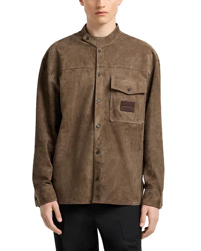 Emporio Armani Asymmetric Mandarin Collar Regular Fit Leather Shirt In Brown