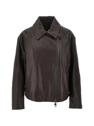 Emporio Armani Asymmetric-zipper Leather Jacket In Brown