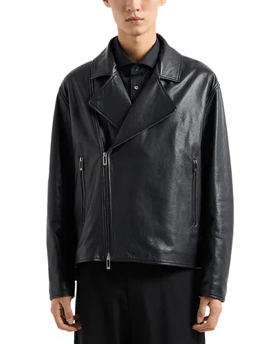 Emporio Armani Asymmetrical Leather Biker Jacket In Black Beauty