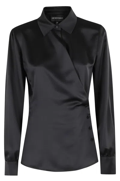 Emporio Armani Asymmetrical Satin Shirt With Classic Collar In Black