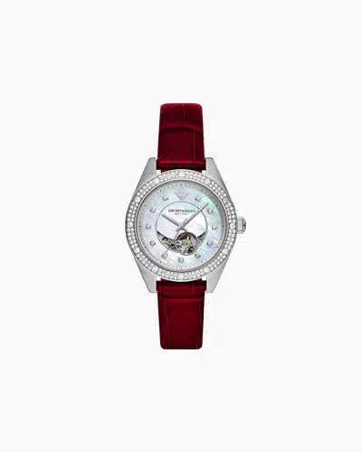 Emporio Armani Automatic Red Leather Watch In Metallic