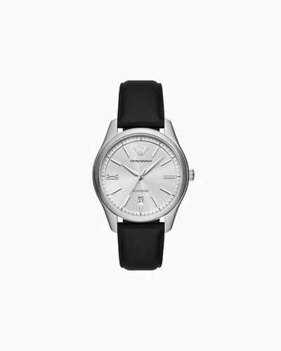 Emporio Armani Automatic Three-hand Date Black Leather Watch In Multicoloured