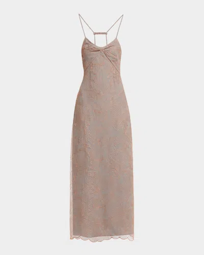 Emporio Armani Backless Floral-embroidered Tulle Maxi Dress In Brown