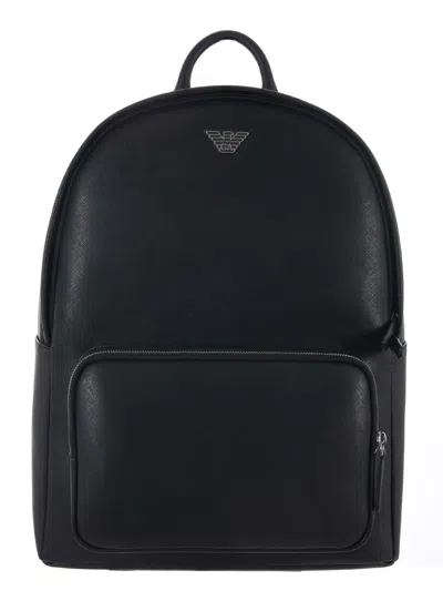 Emporio Armani Zaino Roundshape In Pelle Rigenerata Cn Aquila In Nero Neri E Grigi