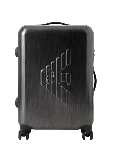 Emporio Armani Debossed-monogram Four Wheel Suitcase In Grau