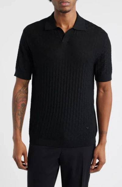 Emporio Armani Basket-weave Stitch Johnny Collar Virgin Wool Polo Sweater In Black