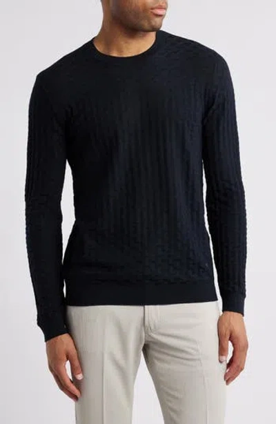 Emporio Armani Basket Weave Virgin Wool Jacquard Crewneck Sweater In Navy