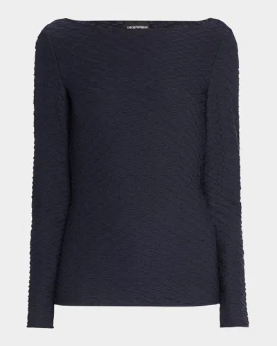 Emporio Armani Bateau-neck Textured Jersey Blouse In Navy Blue