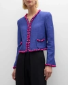 Emporio Armani Beaded Zip-front Cropped Jacket In Striped Blue