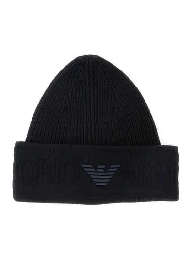 EMPORIO ARMANI BLACK BEANIE WITH MAXI LOGO EMBROIDERY ON THE FRONT IN WOOL MAN