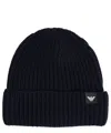 Emporio Armani Logo Patch Turn-up Brim Knitted Beanie In Blue