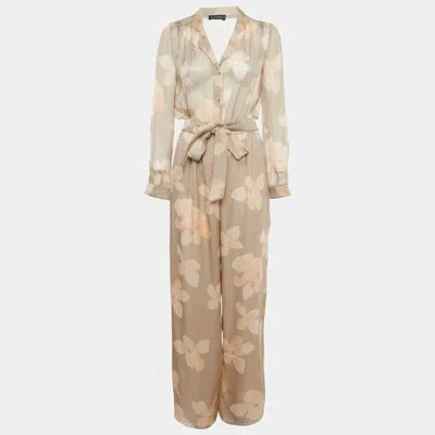 Emporio Armani Beige Floral Printed Silk Belted Jumpsuit In Brown
