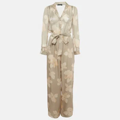 Pre-owned Emporio Armani Beige Floral Printed Silk Belted Jumpsuit S In Sand