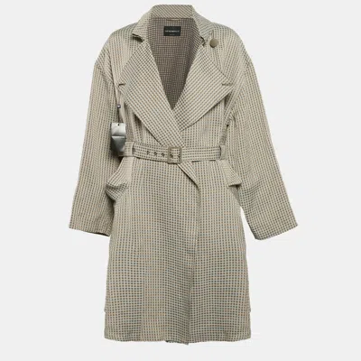 Emporio Armani Beige Gingham Linen Blend Trench Coat In Gray