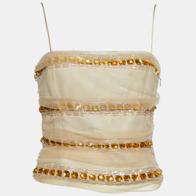 Pre-owned Emporio Armani Beige Mesh Embellished Crop Top M In Sand