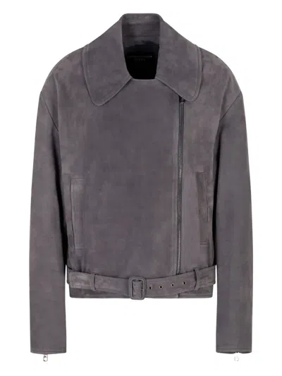 Emporio Armani Icon Nubuck Calf Leather Biker Jacket In Gray